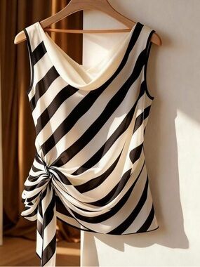 Striped Black & Cream Twist-Front Sleeveless Top